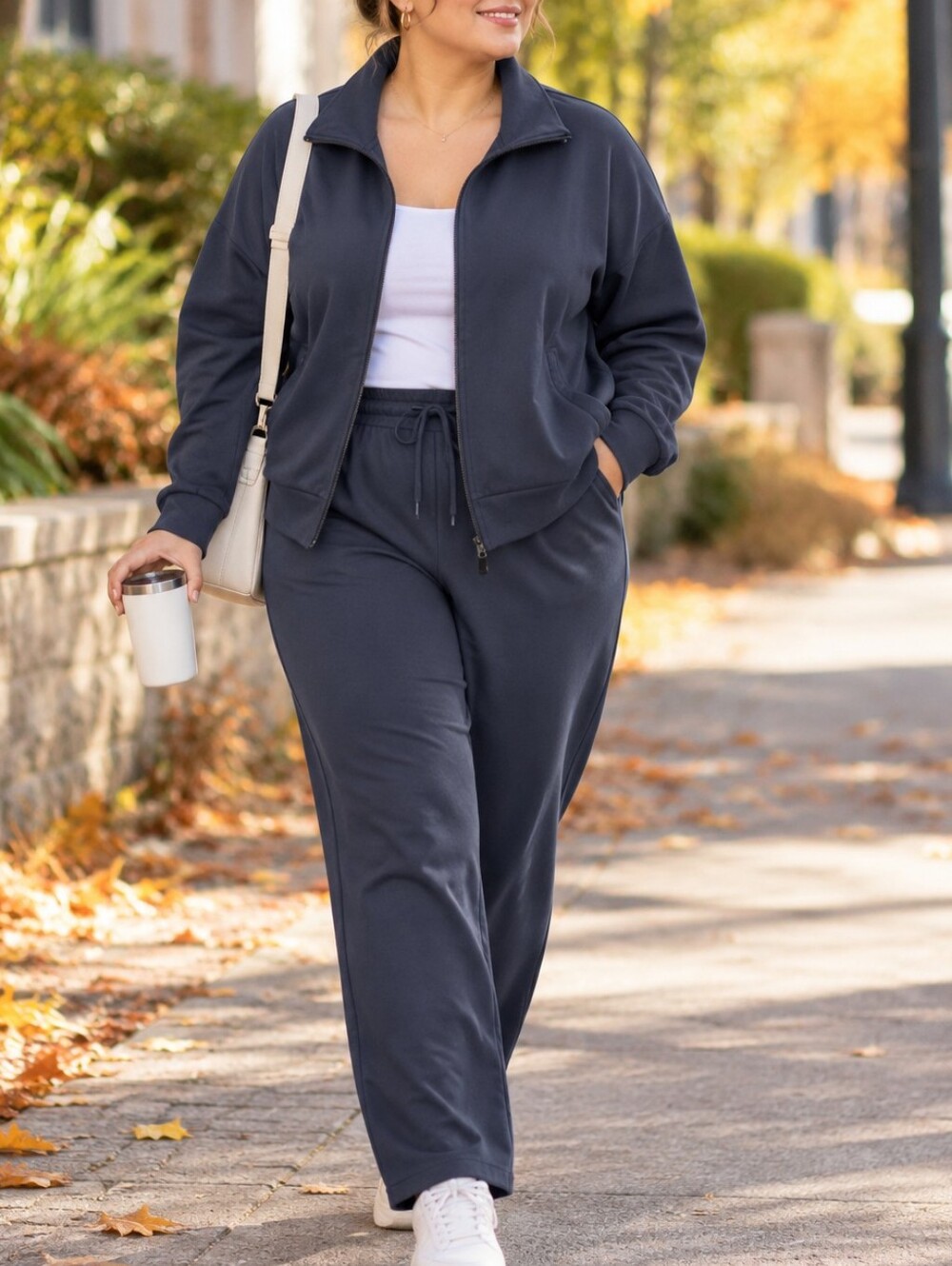 Mondetta Plus Size Navy Blue 2-Piece Athleisure Tracksuit Zip Jacket Jogger Set